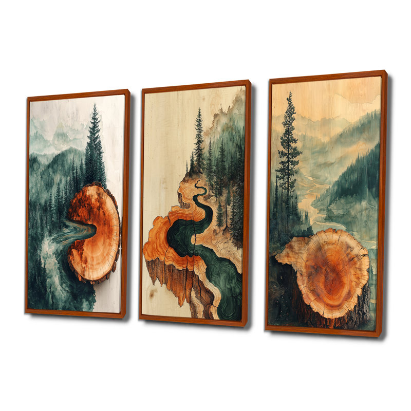 «Emerald River Into The Birtchwood Forest I - Forest Wall Art Collection», ensemble de 3, H 40 po x l 60 po, Brun