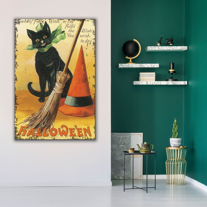 «The Holiday Aisle®» Halloween Nostalgia Cat With Broom »par Katie pertiet, art mural sur toile, H 60 po x l 40 po x P 1,5 po