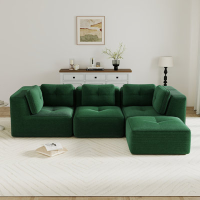Canapé modulaire moderne pour le salon, tissu en velours côtelé, canapé 3 places avec assise profonde et repose-pieds mobile, passepoil perlé, conception capitonnée, sans assemblage, conception antidérapante, vert
