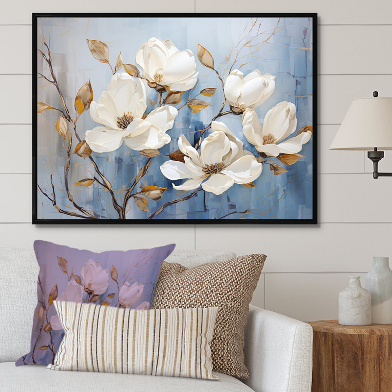Élégant art mural blanc et bleu Magnolias Bloom VI - Magnolias, Cadre flottant noir, H 34 po x l 44 po x P 1,5 po