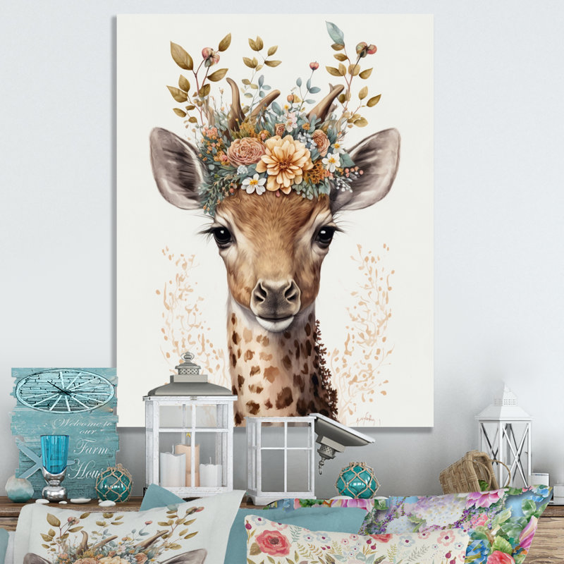 Mignon bébé girafe avec couronne florale II - animaux, art mural sur toile, L 16 po x H 32 po, Toile tendue
