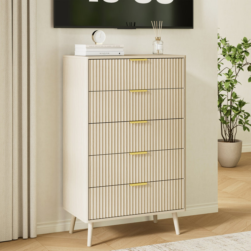 Fluted 5-Drawer Dresser For Bedroom, 28" Modern Chest Of Drawers With Deep Drawers, Curved Profile Design, Wood Drawer Organizer For Living Room, Hallway, Nursery, Hallway Closet