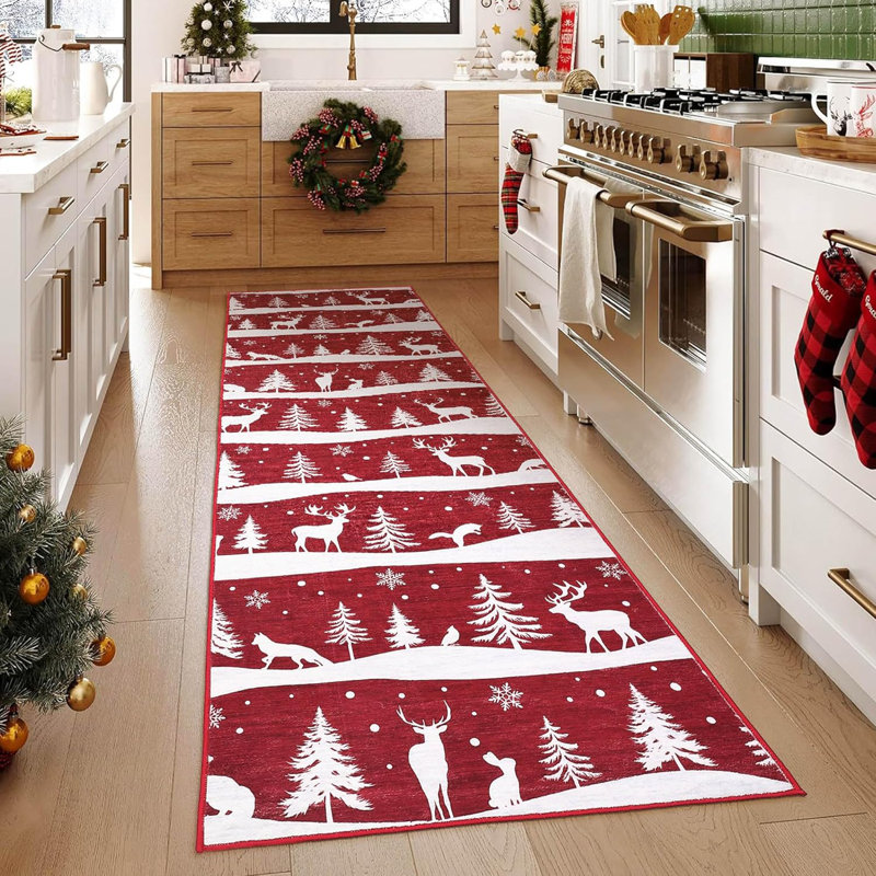 Red 2x6 Runner Rug, Washable Low Pile Christmas Carpet, Non Slip Soft Indoor Mat for Kitchen, Entryway or Living Room