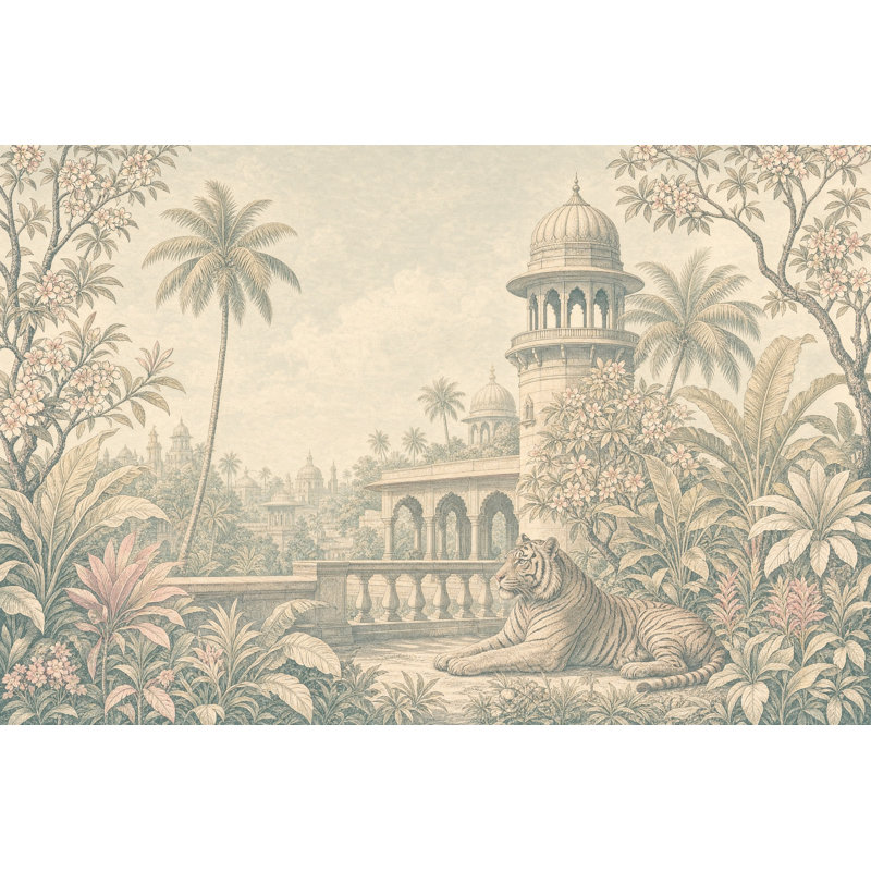 Papier peint mural rétro Vintage Tropical Garden Mughal Palace Pavilion, 140 po x 108 po, Peler et coller
