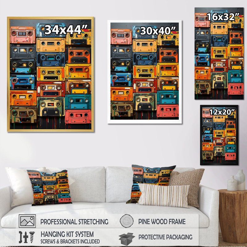 Nysta Popart Cassette Tapes V, reproduction d'art sur toile, H 20 po x l 12 po x P 1 po, Cadre photo noir
