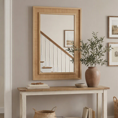 20"x30" Rattan‑Rectangle Solid‑Wood‑Frame Decorative Wall Mirror, Natural Wood Finish, Farmhouse‑Style Mirror for Bathroom, Home Decor & Entryway