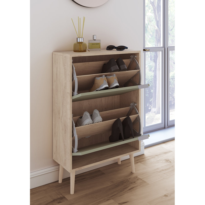 10 Pair Shoe Storage Cabinet, Light Oak/Green