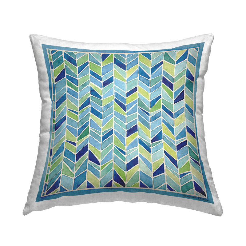 Coussin moderne à imprimé chevron bleu et vert par Stephanie Workman Marrott