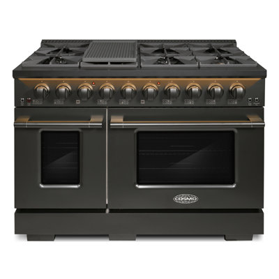 Cosmo 48 in. Vista Collection 6.6 cu. ft. Double Oven Gas Range, 8 Burners, LED Panel, Cast Iron Grates, Matte Black