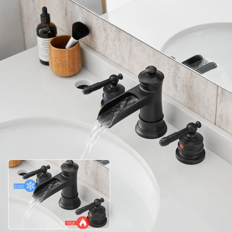 8 Inch Widespread Bathroom Faucet, Matte Black With Pop Up Drain And 2 Lever Handle Sink Faucet Widespread, Double