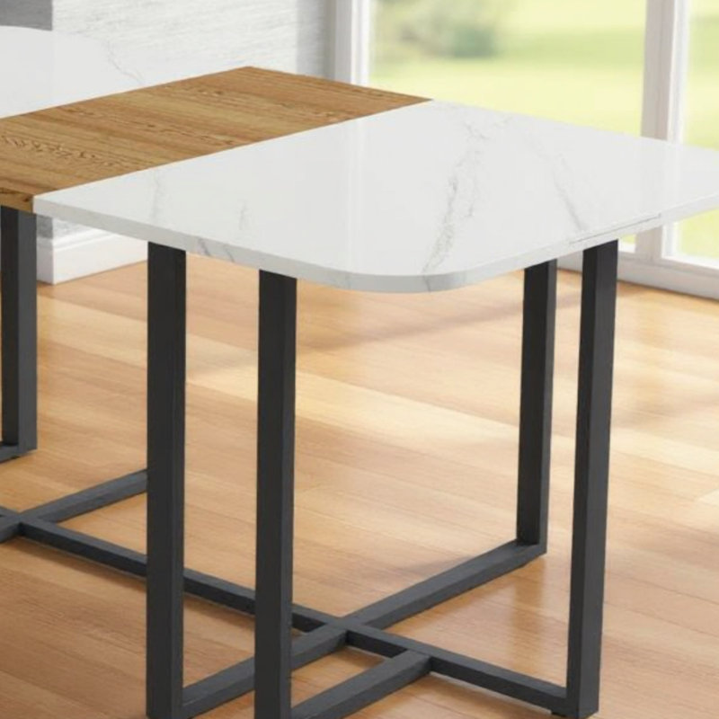 Modern Four To Six Seat Table With Marble Wood Grain Top And Black Metal Frame For Kitchen Dining Room
