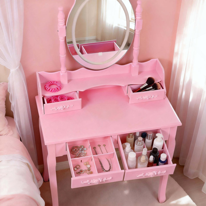 Pink Princess Vanity Desk Set with LED Light Mirror, 4 Drawers and Stool, Pink
