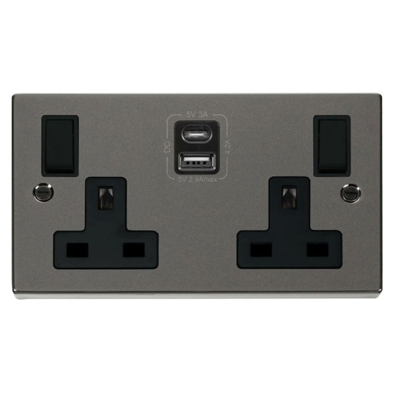 Black Nickel 2 Gang 13A Type A & C USB Twin Double Switched Plug Socket