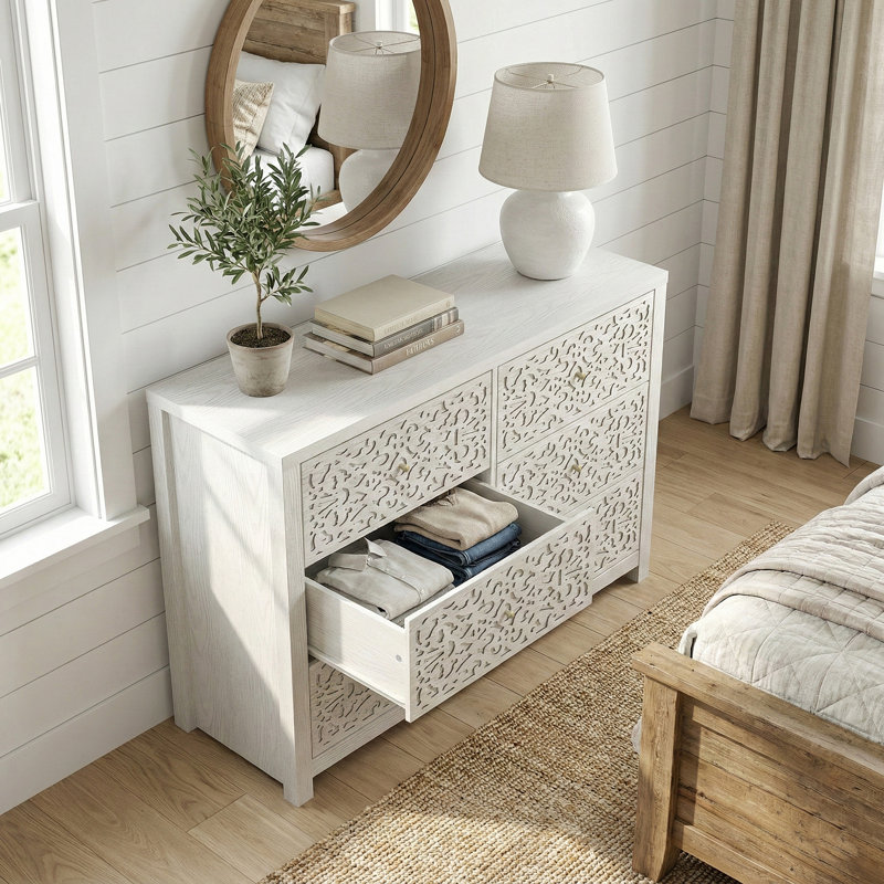 Zahara Bohemian 45.4"W 6 Drawer Dresser, Antique White Oak