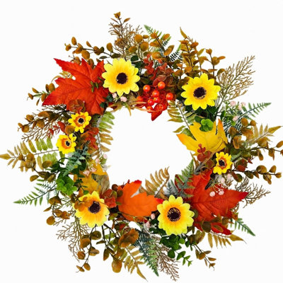 Couronne d'automne de 17,7 pouces avec des feuilles d'érable artificielles, des tournesols et des feuilles d'eucalyptus, parfaite pour une utilisation intérieure ou extérieure, couronne d'automne pour porte d'entrée