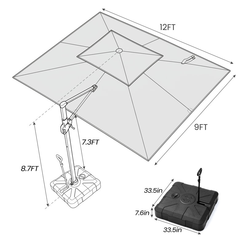 Parasol de patio rectangulaire en porte-à-faux avec base Wasif 9 pi x 12 pi - mobile par une personne