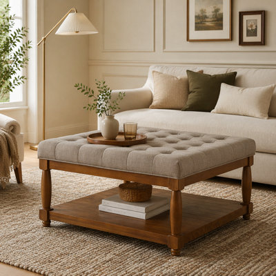 Upholstered Tufted Linen Ottoman Coffee Table