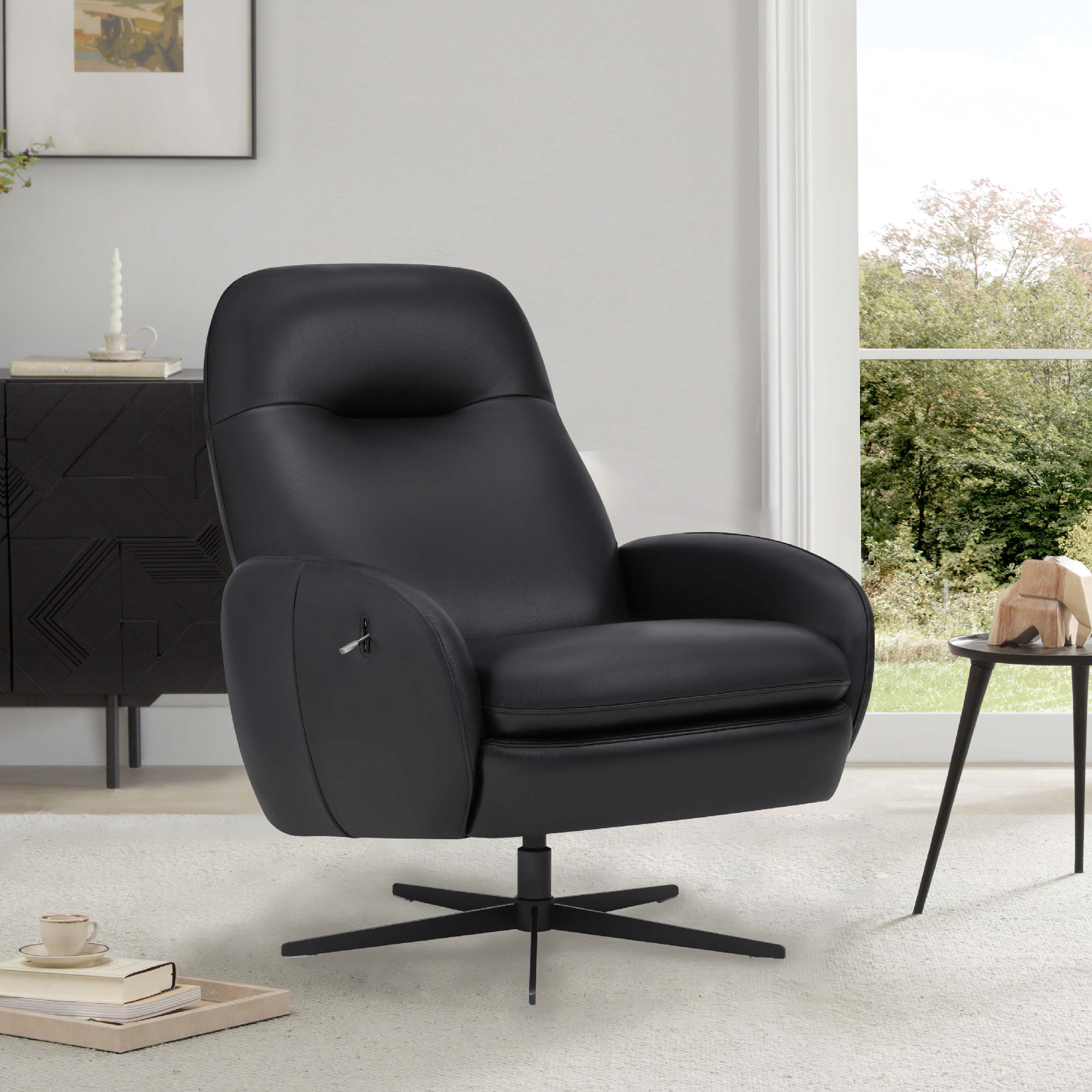 Danva Genuine Leather Swivel Recliner, Florida Black Genuine Leather