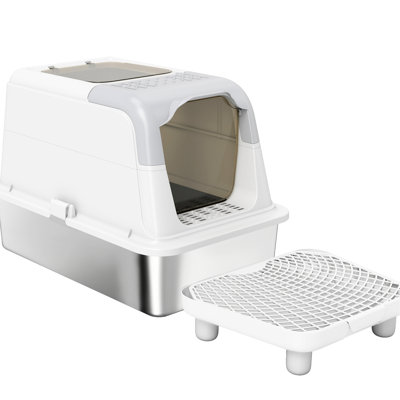 Enclosed Cat Litter Box, Scratch - Stainless Steel, Sand Drop Pedal, Odor Control, , Gray, Suitable For Indoor Box With Smart Front Entry And Top Exit Design, Steel Tray, Deodorizer White Color,