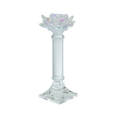 Porte-bougie en verre avec fleur de lotus et finition irisée