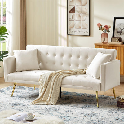 Beige Velvet Convertible Futon Sofa Bed With Tufted Design & Gold Legs