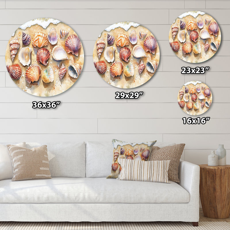 Coquillage sur la plage de sable - décoration murale ronde en métal coquillage, L 29 po x H 29 po