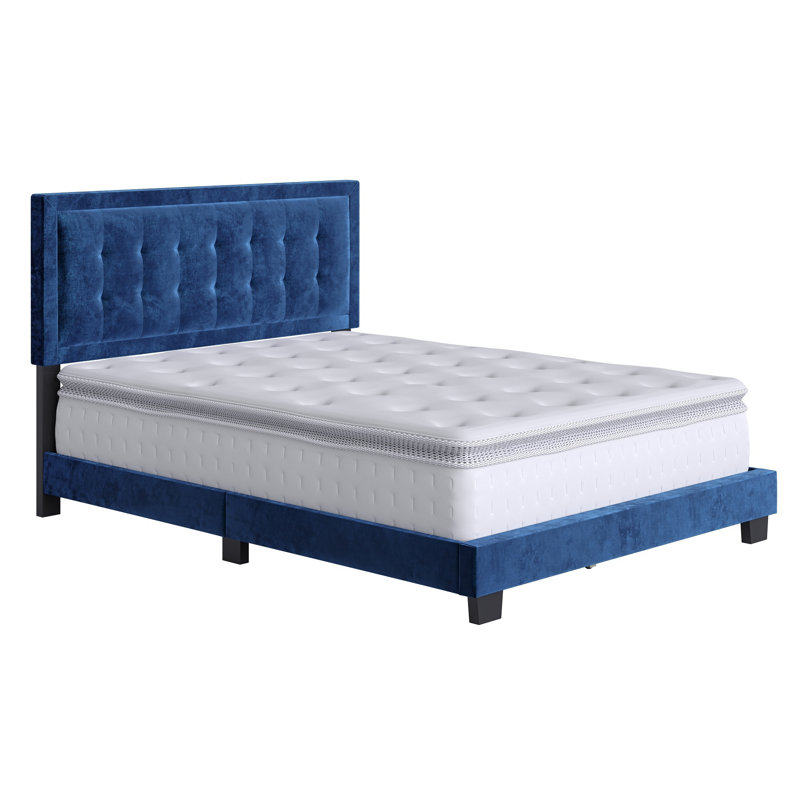Sapphire Blue Velvet Full Platform Bed with Tufted Headboard