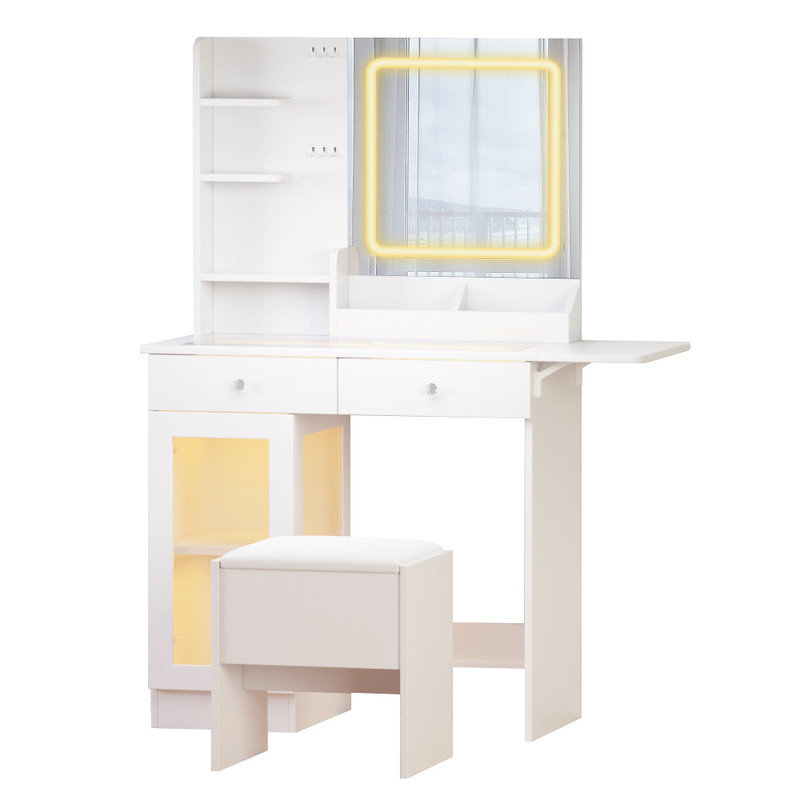 Petit ensemble de coiffeuse avec miroir à DEL, lumières et tabouret de rangement