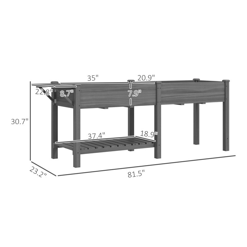 Boîte de jardin surélevée en bois, lit de jardin surélevé avec table d'appoint, tablette inférieure, doublures de lit et trous de drainage, gris