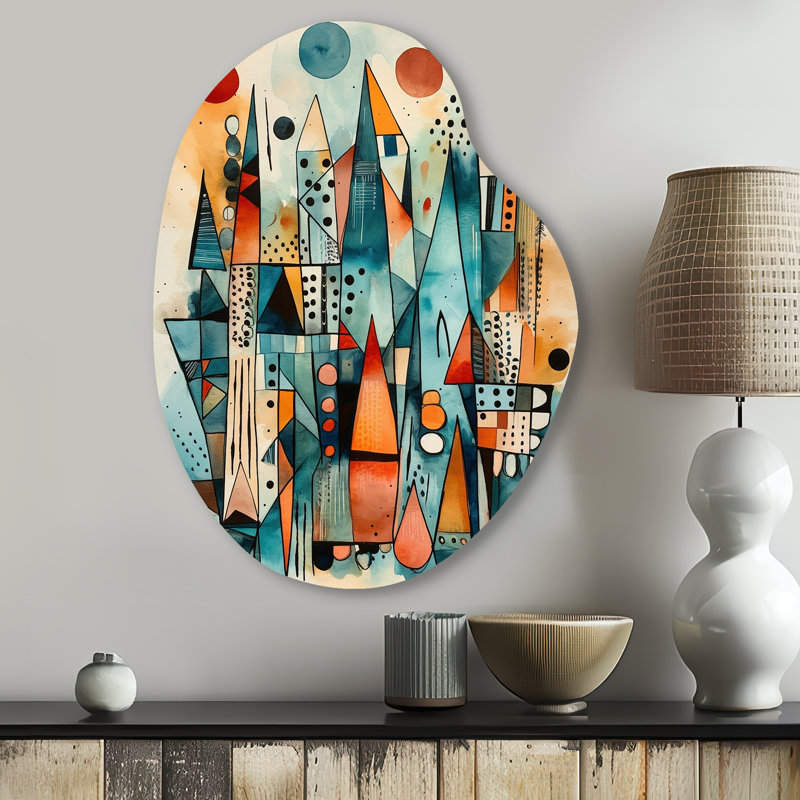 Joyeux géométrique I - paysages, art mural asymétrique en métal, impression d'art moderne de forme unique, H 30 po x l 22 po