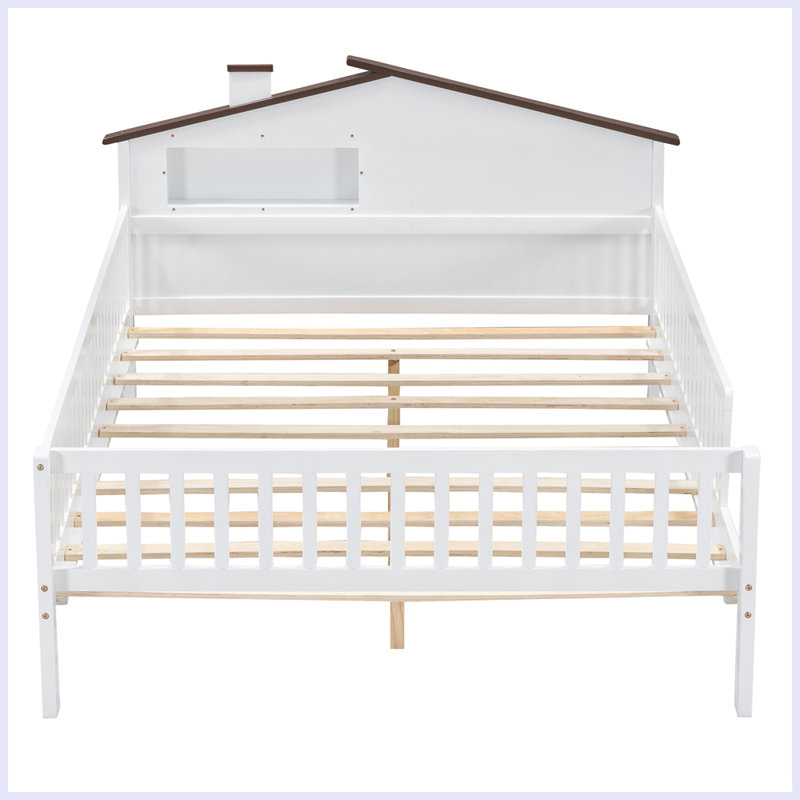Lit plateforme moderne en bois avec tête de lit en forme de maison, DEL et rangement intégré, Simple, Blanc