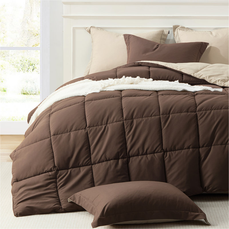Comforter Set, All Season Down Alternative Reversible Comforter Set, Brown/Beige, Twin Comforter + 1 Standard Sham