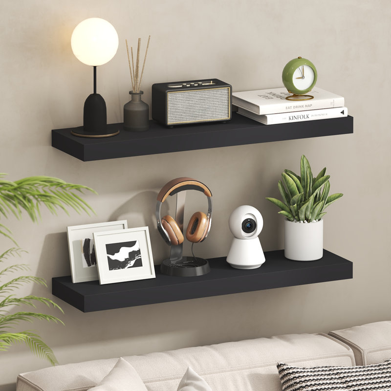 Furinno TANNA Floating Shelves for Wall Set of 2, 9 x 35 Wall Shelf, Wall Mounted Floating Shelf with Invisible Bracket, 2-in Thick Shelf, for Bathroom, Living Room, Bedroom, Home Office, Americano