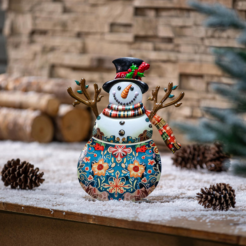 Statue de jardin scénique en forme de bonhomme de neige d'hiver en métal, H 14 po