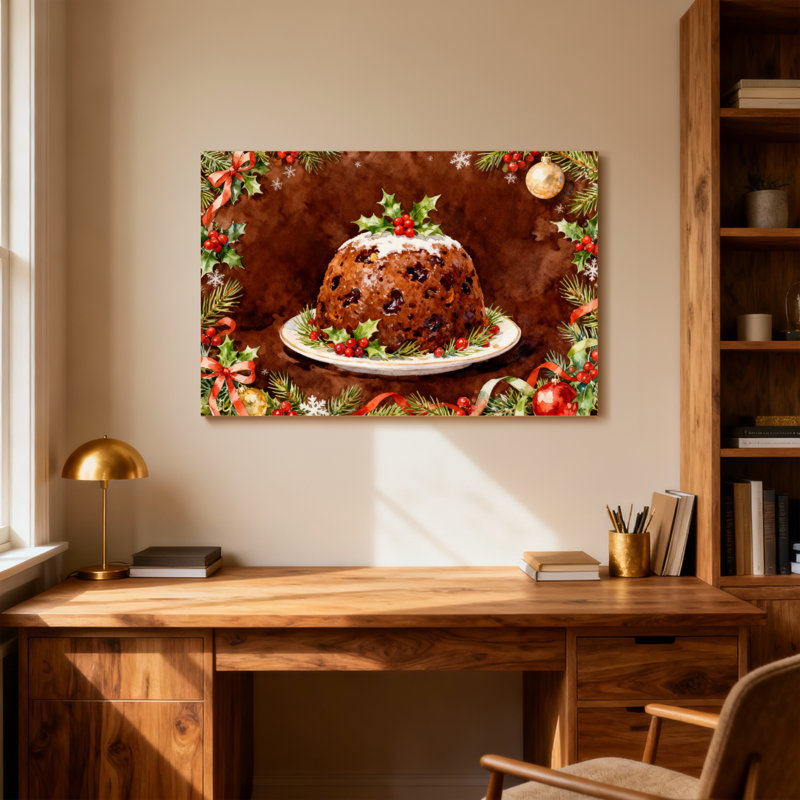 Pudding de Noël avec houx et baies, H 12 po x l 18 po