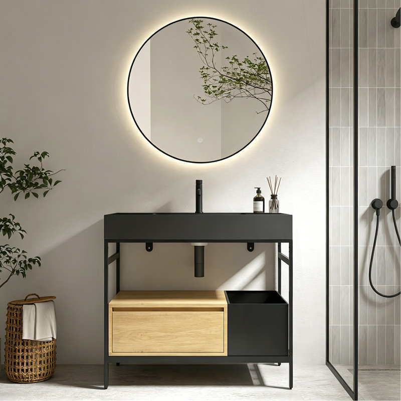 Meuble-lavabo modulaire de 36 po de style industriel, avec un cadre en métal robuste, surmonté d'un bassin en pierre artificielle sans soudure et facile à nettoyer, sans drain ni robinet