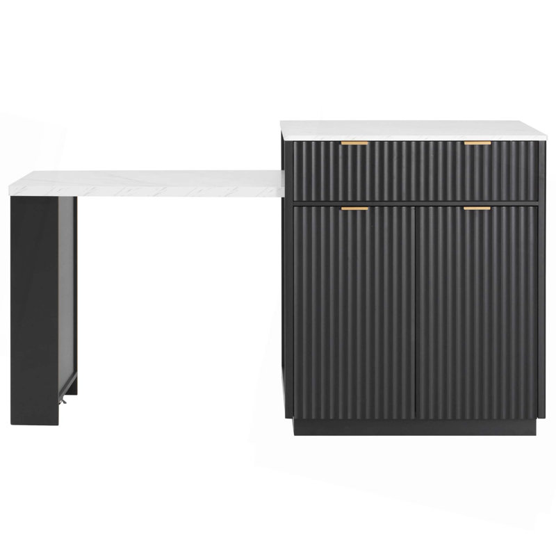 Îlot de cuisine cannelé 82,6 po avec table de salle à manger extensible, prise de courant, rangement double, 2 tiroirs et 2 tablettes latérales ouvertes pour 4 à 6 personnes