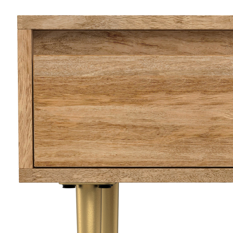 Natural Mango Wood Square End Table with Gold Metal Legs and Drawer
