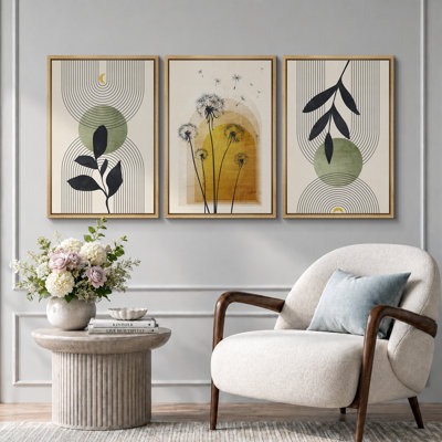 Illustration de pissenlit abstraite de style Mid-Century moderne bohème, images murales de salon moderne et chic, impression sur toile encadrée, ensemble de 16 pièces x 16 po x 3 pièces, 24 po x 36 po x 3 pièces