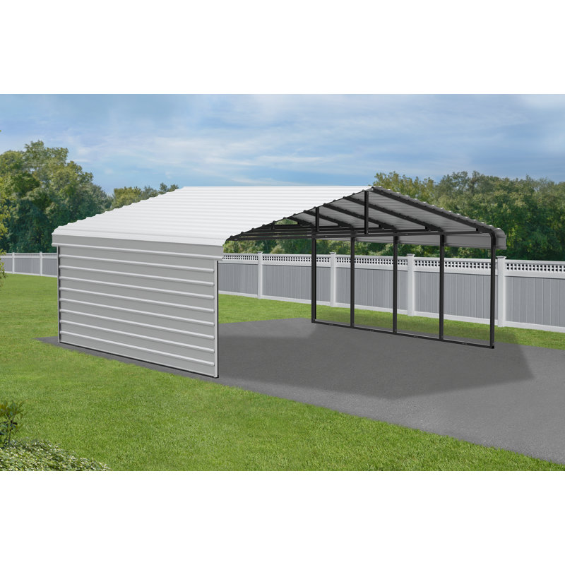 Abri d'auto en acier avec 1 ensemble de parois latérales, 20 x 20 x 7, Blanc, H 9 pi 10 po x l 20 pi 3 po x P 19 pi 9 po