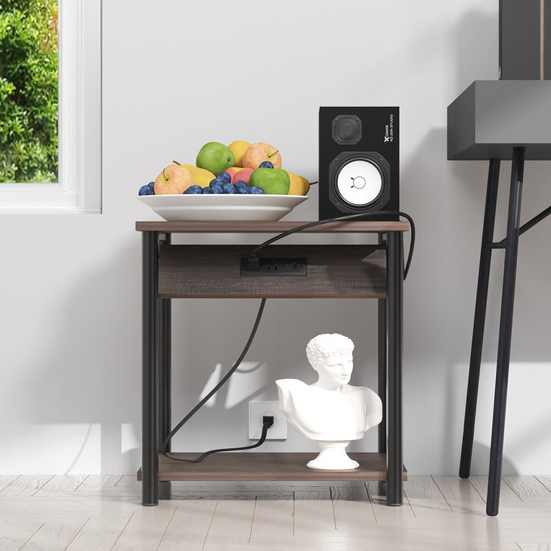 Simple Bedside Table with Open Storage Shelf, Charging Station, Easy to Assembly, Gray