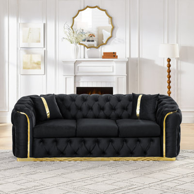 90.6 Inches Luxury Velvet , 3 Seater With 2 Pillows, Button Couch Gold Stainless Steel Accents For Living Room