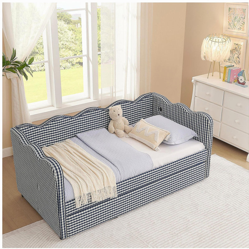 Cozy Gingham Daybed with Trundle Twin Size Sofa Bed No Box Spring Needed, with USB Port and Adorable Wave Shaped, Linen Fabric, Navy