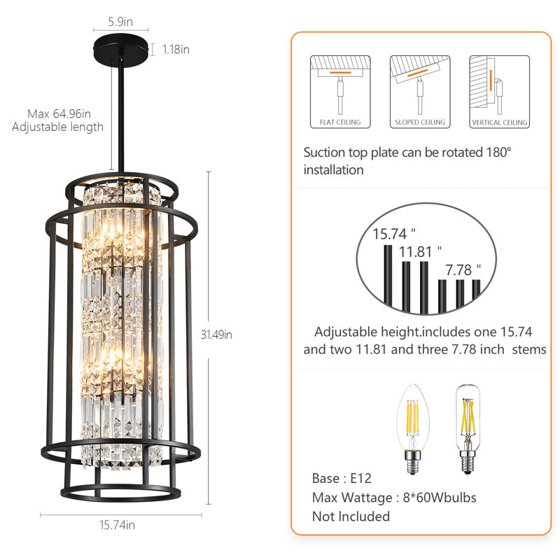 Luminaire suspendu en cristal noir de style minimaliste moderne avec lustre pour îlot de cuisine, salon et salle à manger Jennesa (paquet de 1)
