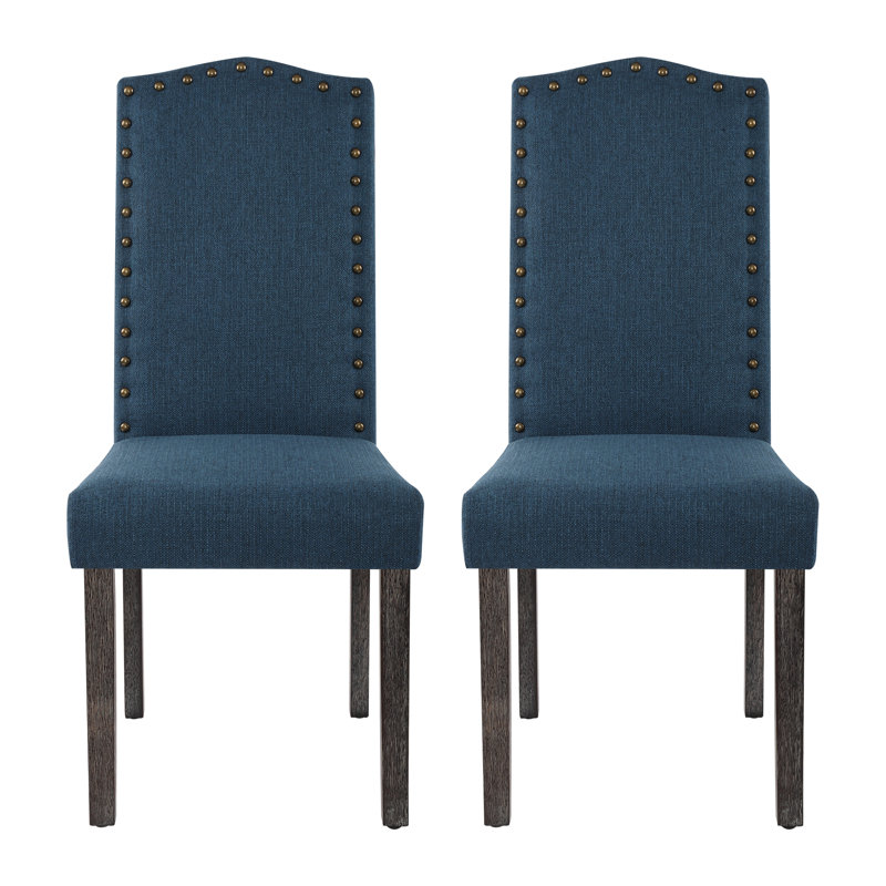 High Back Upholstered Dining Chairs With Nailhead Trim, Blue Fabric