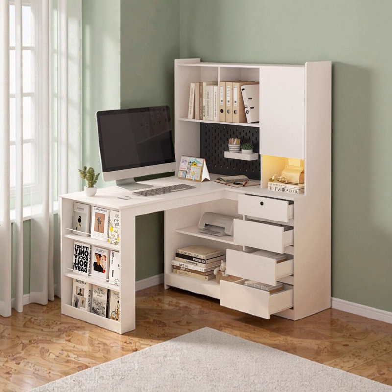Bureau en L avec chargeur, bureau d'ordinateur avec tiroirs et bibliothèque, bureau d'angle moderne avec éclairage à DEL pour bureau à domicile, table de jeu d'écriture avec rangement - blanc