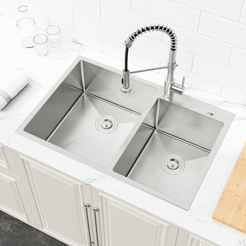 Évier moderne en acier inoxydable 33 po x 19 po - Double cuve, sur comptoir, avec construction surélevée Fonctionnalité et durabilité améliorées