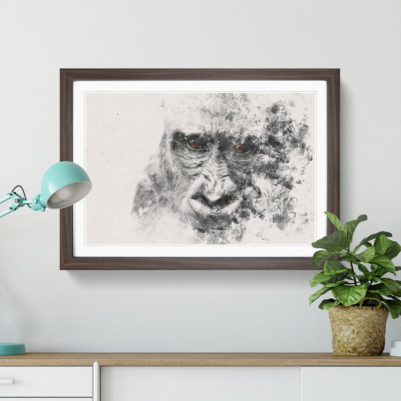Gorilla with Brown Eyes - Picture Frame Painting Print on MDF, Walnut Framed, 36cm H x 48cm W x 2cm D
