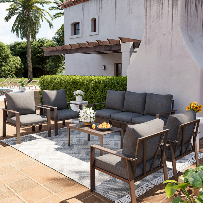  7-Person Outdoor Patio Furniture Set – Rust-Resistant Aluminum Frame, Deep Seating Weatherproof Cushions, No, Gray