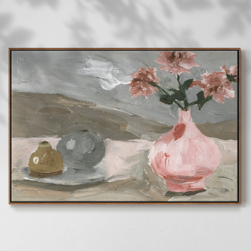 Vase de fleurs roses VI, H 17 po x l 25 po x P 2 po, Noyer